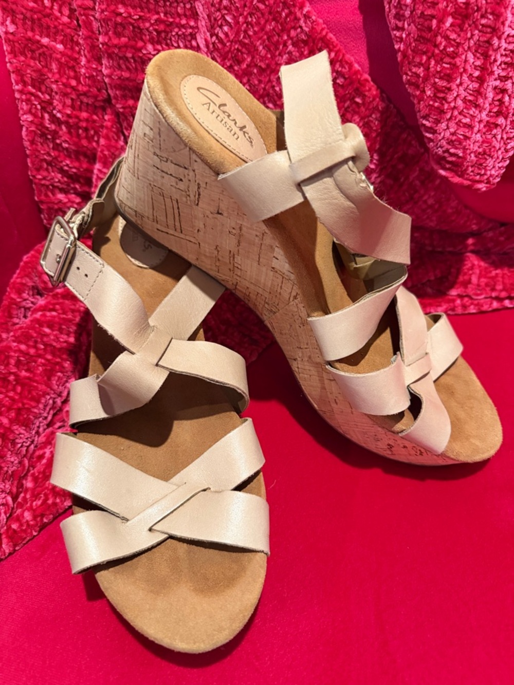 Clarks Cream Leather Cork-Effect Wedge Sandals